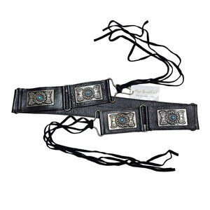 Olga Santini NWT Black Leather Belt With‎ Silver Turquoise Buckles Concho Size M